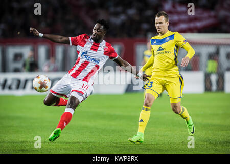 14. September 2017, Red Star Stadium, Belgrad, Serbien; vorwärts Richmond Boakye von Roter Stern Belgrad löscht den Ball upfield Stockfoto