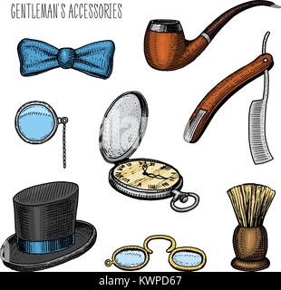 Gentleman Zubehör. Hipster oder Geschäftsmann, der viktorianischen Ära. graviert Hand in alten Vintage Skizze gezeichnet. Zylinder Hut, rauchen Pfeife, Rasiermesser, Monokel, pince-nez, Rasierpinsel, Schmetterling binden. Stock Vektor