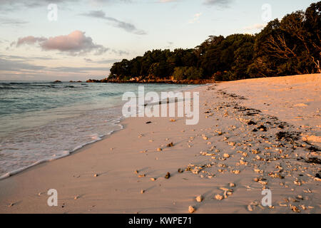 Tropischen Strand mit natürlichem Licht Sonnenuntergang, Anse, La Digue, Seychellen Stockfoto