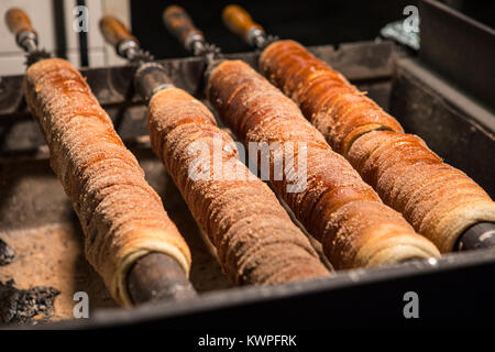 Trdelnik zubereitet wurde in Prag, Tschechische Republik. Trdelnik ist eine Art von Spit Kuchen, auch als Schornstein Kuchen bekannt und wird oft mit Nutella serviert. Stockfoto