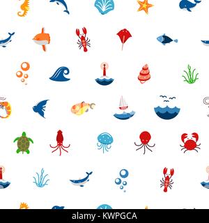 Nahtlose Muster Ozean oder Meer mit den Tieren und Fischen, Schalentieren und Muscheln. marine Symbol. Verwenden Sie für die Schnittstelle in der Anwendung. Stock Vektor