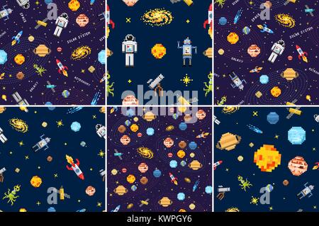 Platz nahtlose Muster set Background, Alien spaceman, Roboter für Raketen und Satelliten cubes Planeten im Sonnensystem pixel Kunst, Digitale vintage Spiel Stil. Merkur, Venus, Erde, Mars, Jupiter, Saturn. Stock Vektor