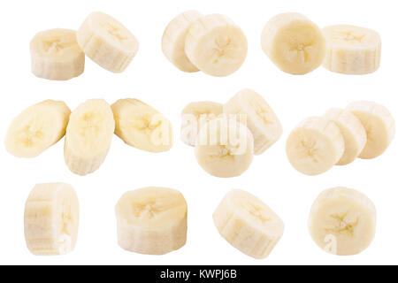 Isolierte Bananen. Satz von frisch Schichten Bananen auf weißem Hintergrund mit Freistellungspfad isoliert Stockfoto