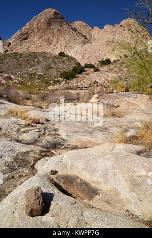 Schleifen der Steine durch frühe gebürtige Amerikaner essen zu bereiten sind bei Mendoza Canyon, Coyote Mountains Wilderness Area, Sonoran Wüste, Arizona entfernt Stockfoto