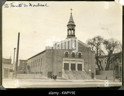 Die Eglise de Sainte-Trinité in Montreal ist ein bedeutendes religiöses Gebäude, das für seine neugotische Architektur bekannt ist. Es ist ein kulturelles Wahrzeichen, das das französisch-kanadische Erbe und die spirituelle Geschichte der Stadt widerspiegelt. Stockfoto