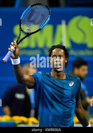 Doha, Katar. Am 4. Januar, 2018. Gael Monfils von Frankreich feiert, nachdem die singles Viertelfinalegleichen gegen Peter Gojowczyk Deutschlands bei der ATP Katar Open in Doha, Katar, Jan. 4, 2018. Gael Monfils gewann 2-0. Credit: Nikku/Xinhua/Alamy leben Nachrichten Stockfoto