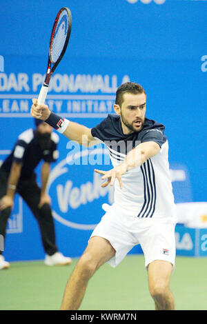 Pune, Indien. Am 4. Januar, 2018. Marin Cilic Kroatien in Aktion in einem Viertelfinale Spiel der Konkurrenz Singles bei Tata Open Maharashtra am Mahalunge Balewadi Tennis Stadium in Pune, Indien. Credit: karunesh Johri/Alamy leben Nachrichten Stockfoto