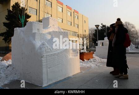 Harbin, Harbin, China. Am 4. Januar, 2018. (Redaktionelle Verwendung. CHINA). Hunderte von Schnee Skulpturen an der Universität Harbin in Harbin gesehen werden kann, im Nordosten der chinesischen Provinz Heilongjiang, Januar 4th, 2017. Credit: SIPA Asien/ZUMA Draht/Alamy leben Nachrichten Stockfoto