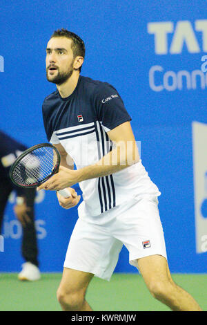 Pune, Indien. Am 4. Januar, 2018. Marin Cilic Kroatien in Aktion in einem Viertelfinale Spiel der Konkurrenz Singles bei Tata Open Maharashtra am Mahalunge Balewadi Tennis Stadium in Pune, Indien. Credit: karunesh Johri/Alamy leben Nachrichten Stockfoto