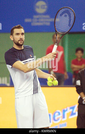 Pune, Indien. Am 4. Januar, 2018. Marin Cilic Kroatien Gesten, nachdem er seine Viertel Finale der Konkurrenz Singles bei Tata Open Maharashtra am Mahalunge Balewadi Tennis Stadium in Pune, Indien. Credit: karunesh Johri/Alamy leben Nachrichten Stockfoto