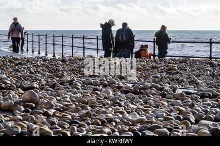 Sidmouth, Devon. 5. Januar 2018. Wetter in Großbritannien: Große Kieselsteine, die vom Sturm Eleanor aus dem Meer geschleudert wurden, machen es schwierig, unter Jacob's Ladder, Sidmouth, die Wanderwege zu Fuß zu erreichen Stockfoto