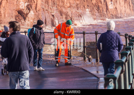 Honiton, Devon. 5 Jan, 2018. UK Wetter: Rat Arbeitnehmer versuchen zu fegen, der Tonnen von Schiefer und Kiesel, Sidmouth Esplanade in den Nachwehen des Sturms Eleanor abdecken. Credit: Foto Central/Alamy leben Nachrichten Stockfoto