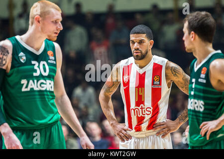 Belgrad, Serbien. 05 Jan, 2018. 5. Januar 2018, Aleksandar Nikolic Hall, Belgrad, Serbien; Turkish Airlines Euroleague Basketball, Crvena Zvezda mts Belgrad gegen Zalgiris Kaunas; Guard James Feldeine von Crvena Zvezda mts Belgrad während des Spiels Credit aussieht: Nikola Krstic/Alamy leben Nachrichten Stockfoto