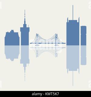 Silhouetten der Golden Gate, Hängebrücke und moderne Gebäude in den USA. Hohe Gebäude, Wolkenkratzer und Brücke. Stock Vektor