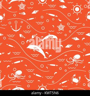 Niedliche Musterdesign mit Delfinen, Tintenfisch, Fisch, Anker, Ruder, Wellen, Muscheln, Seesterne, Krabben. Design für Banner, Poster oder Druck. Stock Vektor