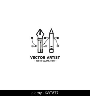 Vektor artist logo Vorlage. Bleistift und Zeichenstift. Zeichenwerkzeuge. Abzeichen, Aufkleber für Design Agentur, Freiberufler. Vektor Illustration auf weißem Hintergrund Stock Vektor