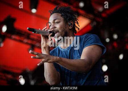 Der amerikanische Rapper und Lyriker Kendrick Lamar führt ein Live Konzert in der Orange Stage bei den Danish Music festival Roskilde Festival 2015. Dänemark, 03/07 2015. Stockfoto