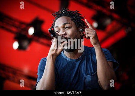 Der amerikanische Rapper und Lyriker Kendrick Lamar führt ein Live Konzert in der Orange Stage bei den Danish Music festival Roskilde Festival 2015. Dänemark, 03/07 2015. Stockfoto