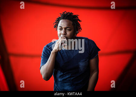 Der amerikanische Rapper und Lyriker Kendrick Lamar führt ein Live Konzert in der Orange Stage bei den Danish Music festival Roskilde Festival 2015. Dänemark, 03/07 2015. Stockfoto