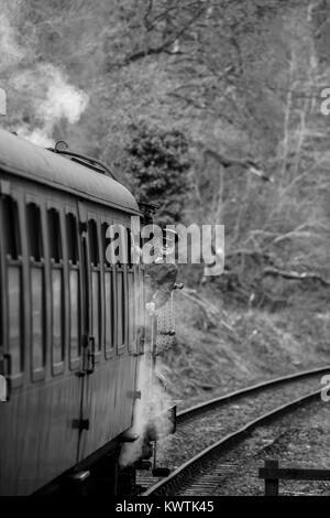 Schwarz & Weiß Portraitfotos von sich bewegenden UK Dampfzug auf der Strecke der Museumsbahn. Lokführer lehnt sich aus der Lokomotive, fast hinter dem Schlitten versteckt. Stockfoto