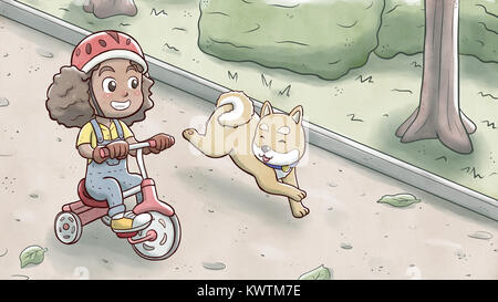 Mädchen reiten ein Dreirad Fahrrad und durch shiba Hund in einem Park gefolgt Stockfoto