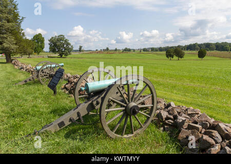 Anzeigen fron Verbündete Artillerie Linie auf Warfield Ridge über das Schlachtfeld, Gettysburg National Military Park, Pennsylvannia, United States. Stockfoto