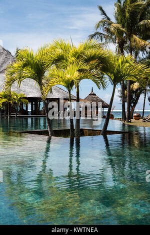 Palmen in einem Infinity-pool bei der Heritage Awali Hotel im Süden von Mauritius. Stockfoto