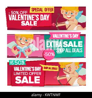 Valentinstag Verkauf Banner ist Vektor. Februar 14 Amor. Valentine Online Einkaufen. Horizontale Rabatt Banner. Liebe Promo Verkauf Banner Tag. Romantische Preis bieten. Isolierte Abbildung Stock Vektor