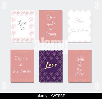 Dekorative Grußkarten zum Valentinstag. Typografie gesetzt. Die wichtigsten Symbole des Urlaubs. Vektor Logos, Embleme, text Design. Geeignet für Banner, Grußkarten, Geschenke etc. Stock Vektor