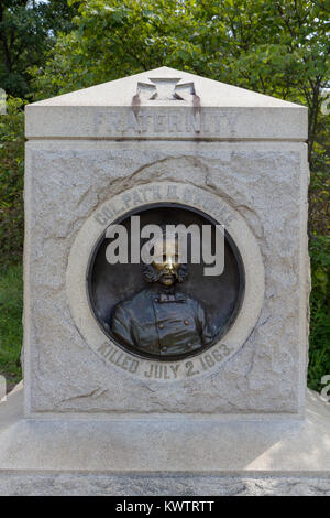 Die 140 New York und O'Rorke Memorial, Little Round Top, Gettysburg National Military Park, Pennsylvannia, United States. Stockfoto