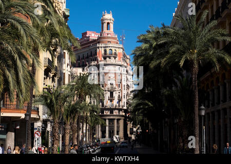 Gebäude in der Plaza del Ayuntamiento Square, Valencia, Spanien Stockfoto