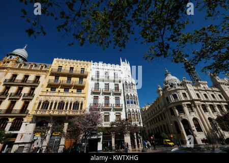 Gebäude in der Plaza del Ayuntamiento Square, Valencia, Spanien Stockfoto