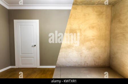 Vergleich der Ein Zimmer in einem Apartment vor und nach der Sanierung. Neues Haus. Stockfoto