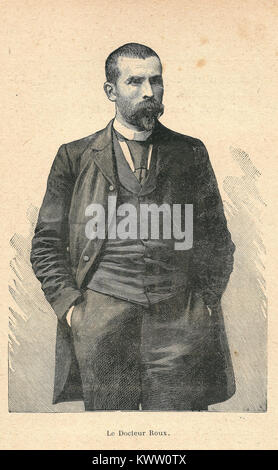 Ein Porträt von Emile Roux, einem französischen Arzt und Bakteriologen, bekannt für seine Forschung mit Louis Pasteur und seine Rolle bei der Entwicklung des Diphtherie-Antitoxins. Er war eine führende Persönlichkeit in der Mikrobiologie im späten 19. Jahrhundert. Stockfoto