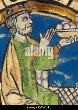 Ein Manuskriptbild aus „MS Royal 14 B VI“, das Æthelwulf, einen wichtigen frühmittelalterlichen englischen Herrscher, darstellt, der für seine Beiträge zur Entwicklung der angelsächsischen Regierungsführung und Religion bekannt ist. Stockfoto