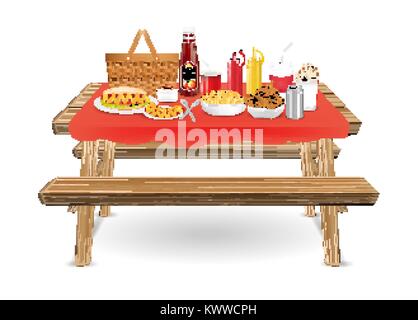 Picknick Holz Tisch mit schnellen Essen und Trinken Stock Vektor
