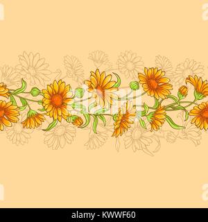 Ringelblume blumen Vektor horizontale nahtlose Muster auf farbigen Hintergrund Stock Vektor
