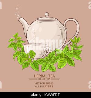 Tasse melissa Kaffee und Teekanne auf farbigen Hintergrund Stock Vektor