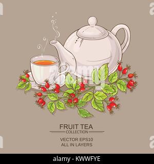 Becher wild Hagebutten Tee- und teaapot auf farbigen Hintergrund Stock Vektor