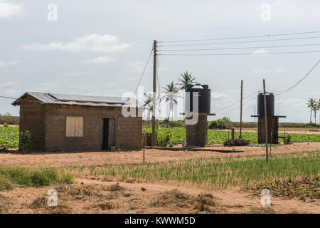 Solarzellen auf dem Dach, die saubere Energie für die Bewässerung von Feldern, Anloga, Volta Region, Ghana, Afrika Stockfoto