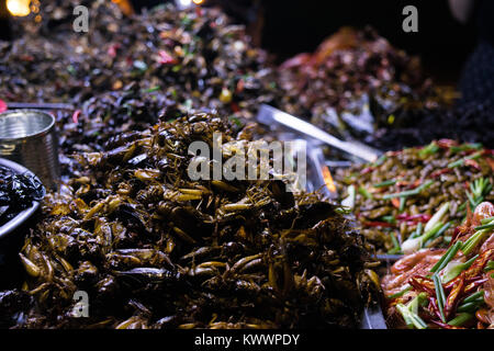 Ein Stall verkaufen Asiatische Küche Street Food, einschließlich gebratene Insekten grillen Schaben Garnelen Wachteleier in Phnom Penh, Kambodscha, Südostasien Stockfoto