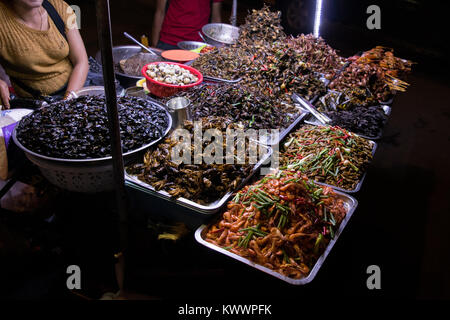 Eine Frau verkaufen Asiatische Küche Street Food, einschließlich gebratene Insekten grillen Schaben Garnelen Wachteleier in Phnom Penh, Kambodscha, Südostasien Stockfoto