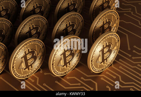 Gold virtuelle Münzen Bitcoins auf der Leiterplatte. 3D-Darstellung. Stockfoto