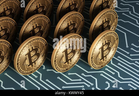 Gold virtuelle Münzen Bitcoins auf blauen Platine. 3D-Darstellung. Stockfoto