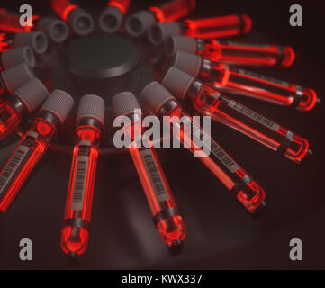 3D-Darstellung. Zentrifuge Blut Maschine. Chemischen test, helle rote Flüssigkeit im Röhrchen. Stockfoto