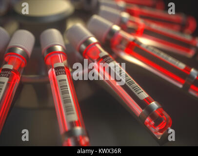 3D-Darstellung. Zentrifuge Blut Maschine. Chemischen test, helle rote Flüssigkeit im Röhrchen. Stockfoto