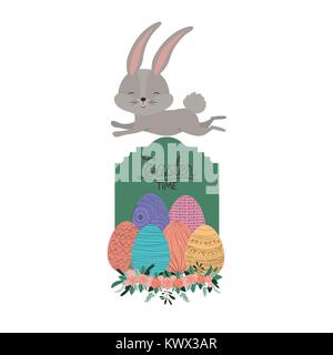 Ostern Rahmen mit Bunny auf der Oberseite und Ostereier und Ornament floral in bunten Silhouette Stock Vektor