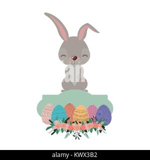 Bunny am oberen Rand des Rahmens mit Ostereiern und Ornament floral in bunten Silhouette Stock Vektor