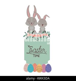 Ostern Rahmen mit Häschen ein Paar auf der Oberseite und Ostereier und Ornament floral in bunten Silhouette Stock Vektor