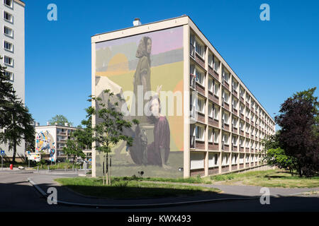 Rouen (Normandie, Frankreich): Wandbild, Street Art des Künstlers Sainer "Landschaft Abend' auf der Isigny Gebäude, die 'Rue d'Isigny' Straße, ich Stockfoto